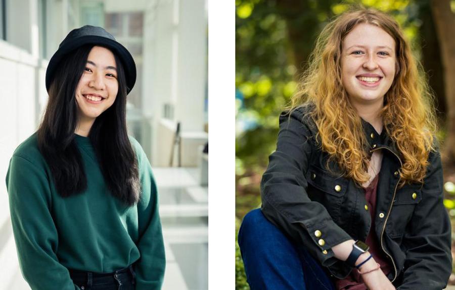 Two students, one wearing a green shirt and black hat, the other with a black jacket and jeans