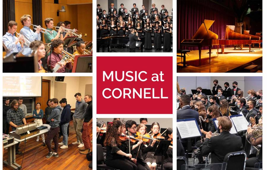 Collage of students performing music: jazz, choir, piano, wind symphony, orchestra, and electronic