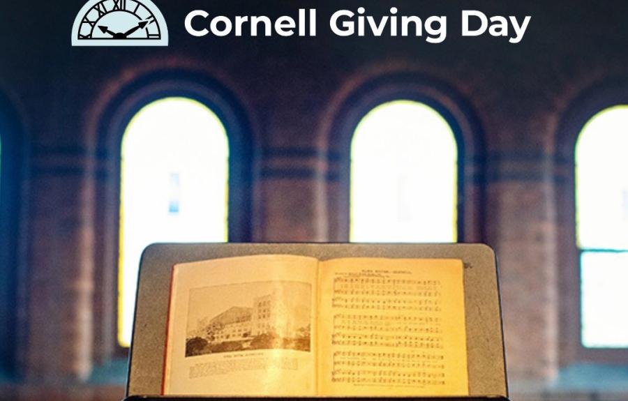 A picture of a music stand with Cornell Giving Day logo above it.