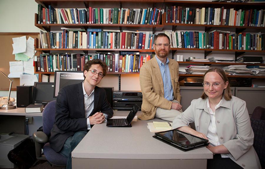 Associate Professor Andrew Hicks with collaborators, Benjamin Anderson (History of Art) and Courtney Roby (Classics)