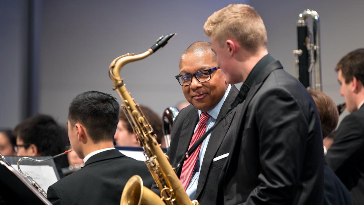 Wynton Marsalis speaking with student