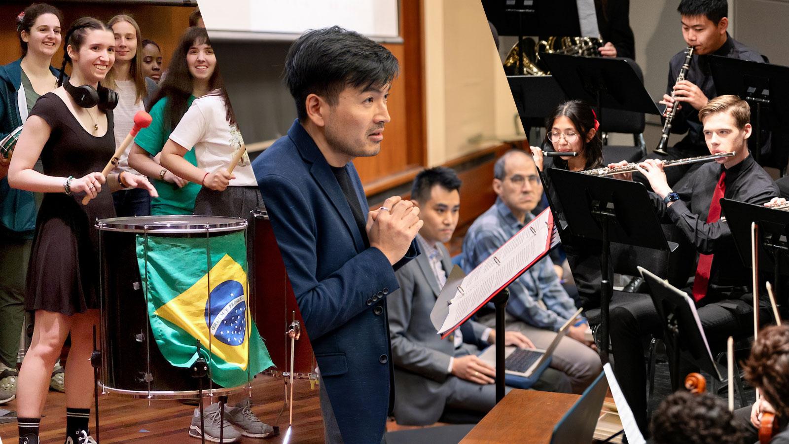 Brazilian drumming ensemble, panel discussion, symphony orchestra musicians